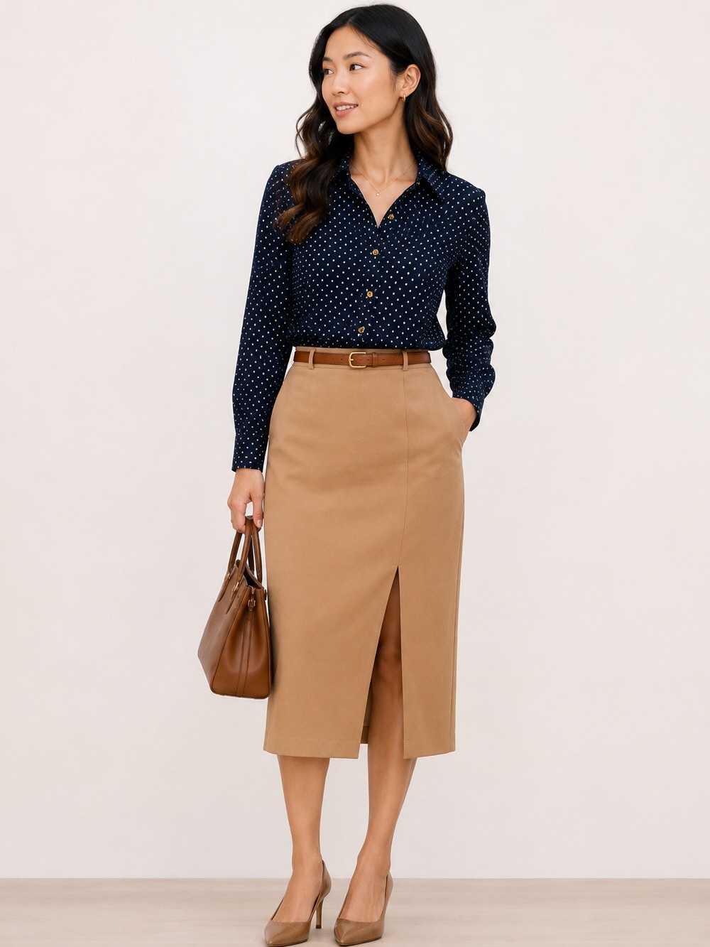 NWT Michael Kors Navy White Polka Dot Button Down Blouse Shirt S